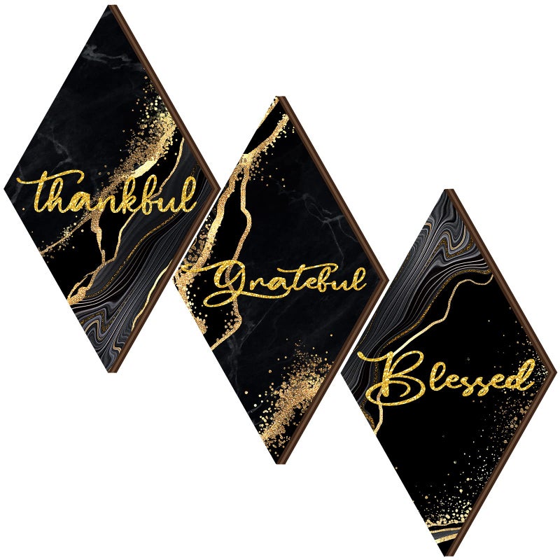 Qunclay 3 Pcs Marble Black and Gold Bathroom Wall Decor Thankful Grateful Blessed Wall Decor Farmhouse Rustic Art Wooden Bathroom Hanging Sign for Christmas Home Spa Room 11.8 x 6.7 Inch - Image 1