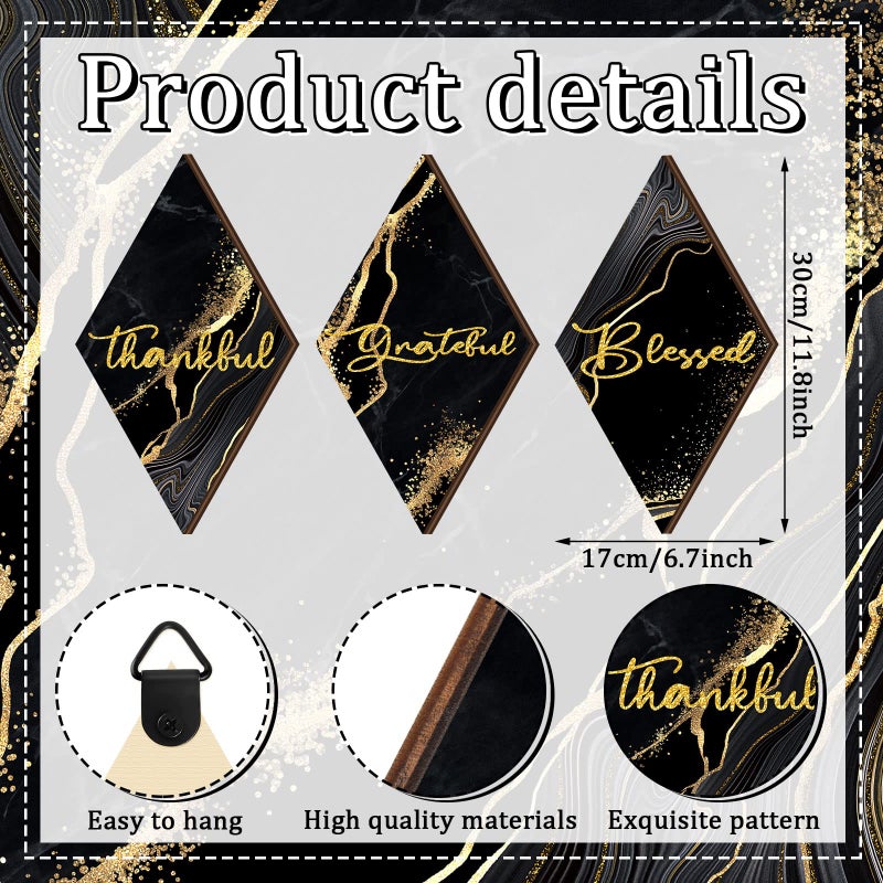 Qunclay 3 Pcs Marble Black and Gold Bathroom Wall Decor Thankful Grateful Blessed Wall Decor Farmhouse Rustic Art Wooden Bathroom Hanging Sign for Christmas Home Spa Room 11.8 x 6.7 Inch - Image 3