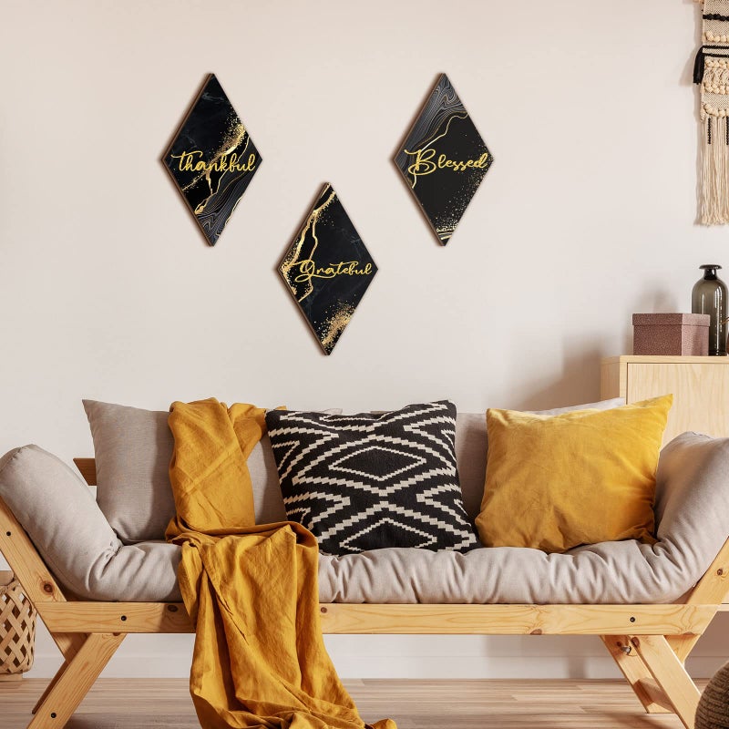 Qunclay 3 Pcs Marble Black and Gold Bathroom Wall Decor Thankful Grateful Blessed Wall Decor Farmhouse Rustic Art Wooden Bathroom Hanging Sign for Christmas Home Spa Room 11.8 x 6.7 Inch - Image 2