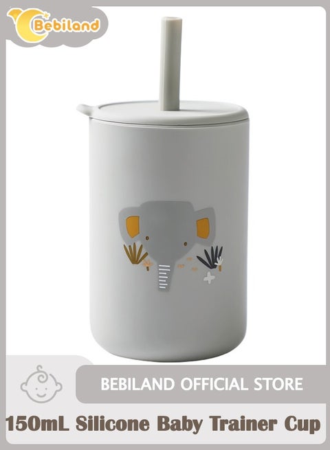 150mL Silicone Baby Trainer Cup with lovely Elephant Pattern, Anti-Fall Non-Slip Sippy Cup for Toddler Independent Drinking, Grey