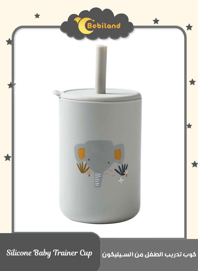 Bebiland 150mL Silicone Baby Trainer Cup with lovely Elephant Pattern, Anti-Fall Non-Slip Sippy Cup for Toddler Independent Drinking, Grey - Image 1