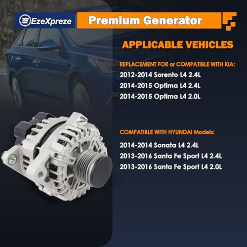 E EZEXPREZE Ezexpreze 11710N Alternator Replacement For 2014 2015 Kia Optima, 2012-2014 Sorento, 2014 Hyundai Sonata, 2013-2016 Santa Fe Sport, 2.0 2.4L, 37300-2G800 37300-2G850 37300-2G855 37300-2G950 - Image 2