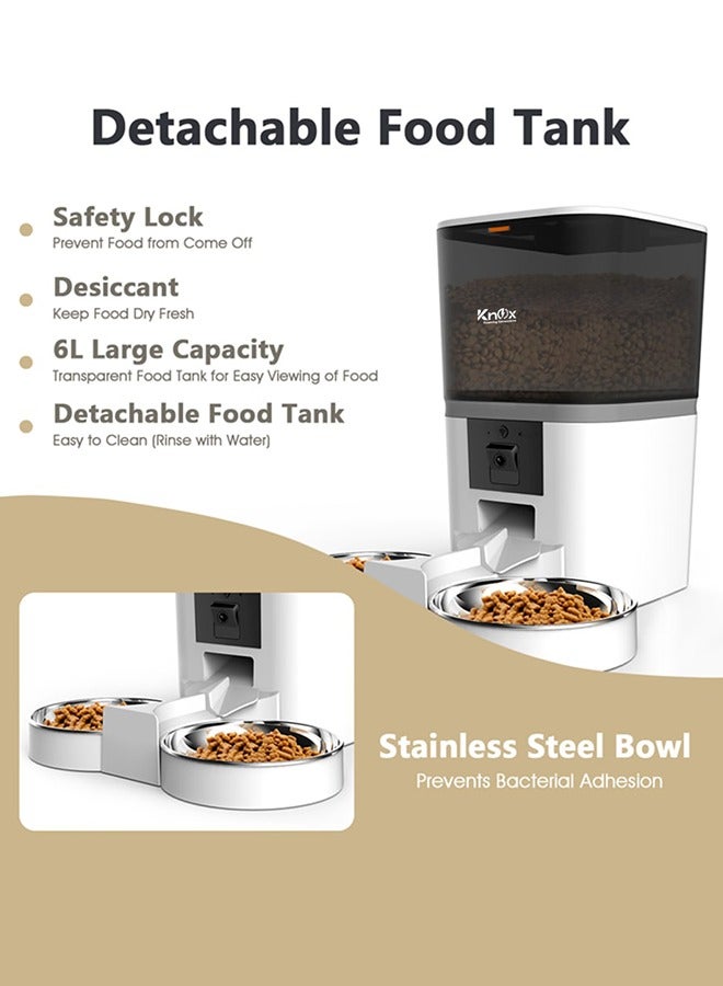 Knox Powering Generations Automatic Pet Feeder 6 L with 1080P Camera, WIFI Support for 2 Cats & Dogs Food Dispenser Feeder 2-Way Splitter, Portion Control, Voice Recorder,Distribution Alarms - White  - Image 2