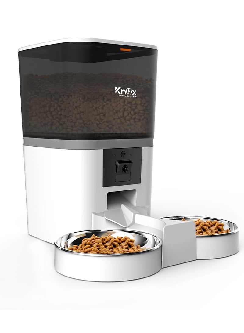 Knox Powering Generations Automatic Pet Feeder 6 L with 1080P Camera, WIFI Support for 2 Cats & Dogs Food Dispenser Feeder 2-Way Splitter, Portion Control, Voice Recorder,Distribution Alarms - White  - Image 1