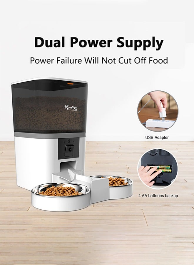 Knox Powering Generations Automatic Pet Feeder 6 L with 1080P Camera, WIFI Support for 2 Cats & Dogs Food Dispenser Feeder 2-Way Splitter, Portion Control, Voice Recorder,Distribution Alarms - White  - Image 4