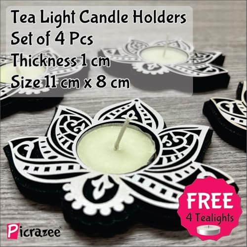 Picrazee Set of 4 Pcs Wooden Decorative Tea Light Candle Holders, Diya Stands, Tea Light Holders, Diwali Decoration Items for Home Decor (Lotus) - Image 2