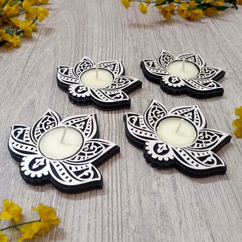 Picrazee Set of 4 Pcs Wooden Decorative Tea Light Candle Holders, Diya Stands, Tea Light Holders, Diwali Decoration Items for Home Decor (Lotus) - Image 1