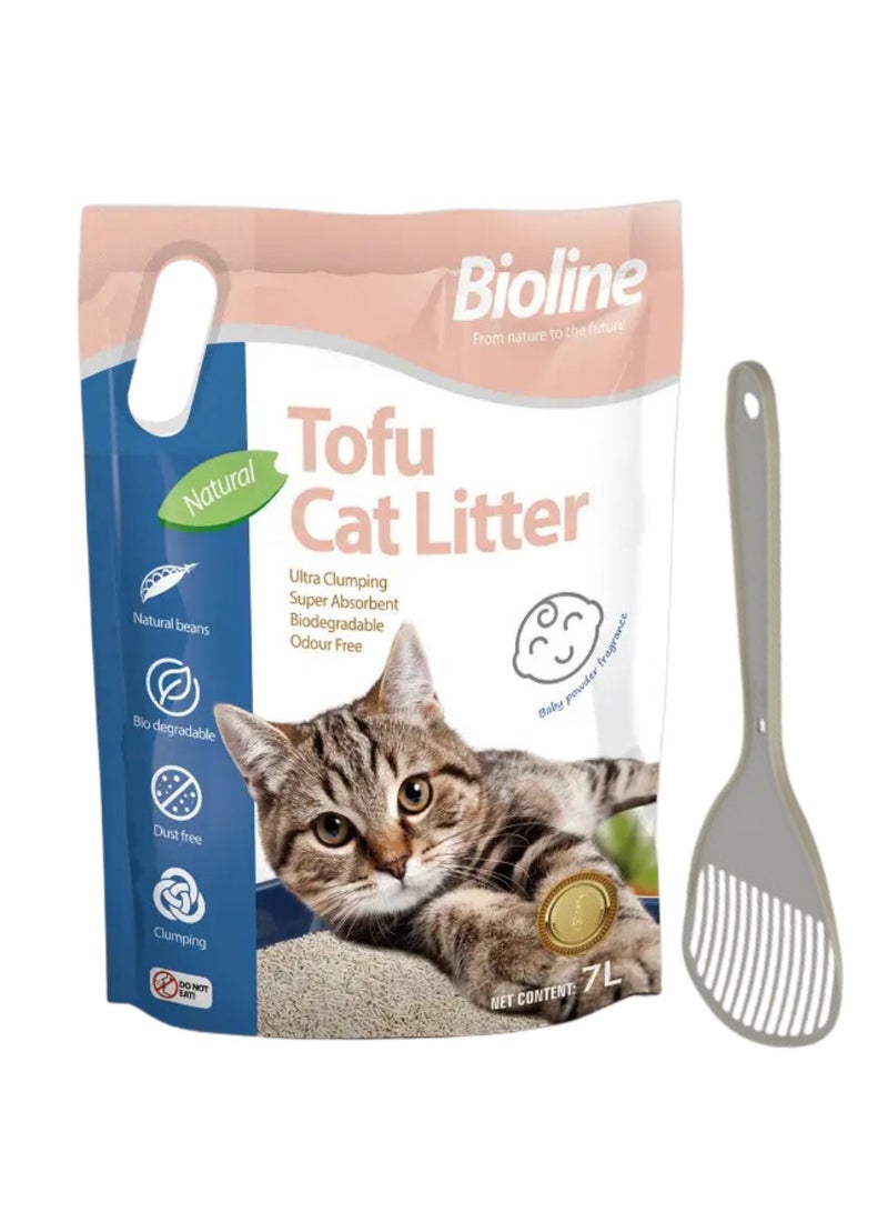 بايولاين عرض كومبو - بيولاين رمل قطط التوفو 7 لتر برائحة بودرة الأطفال + مجرفة تنظيف رمل القطط من مودرنا عالية التحمل - Image 1