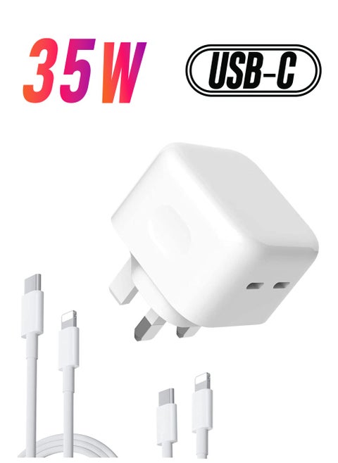 Original 35W USB-C Power Adapter For iPhone 14 13 12 11 Pro Max 14 Plus XS XR XS Max iPad Pro Macbook Dual Type C Port PD Fast Charging UK Plug Wall Charger