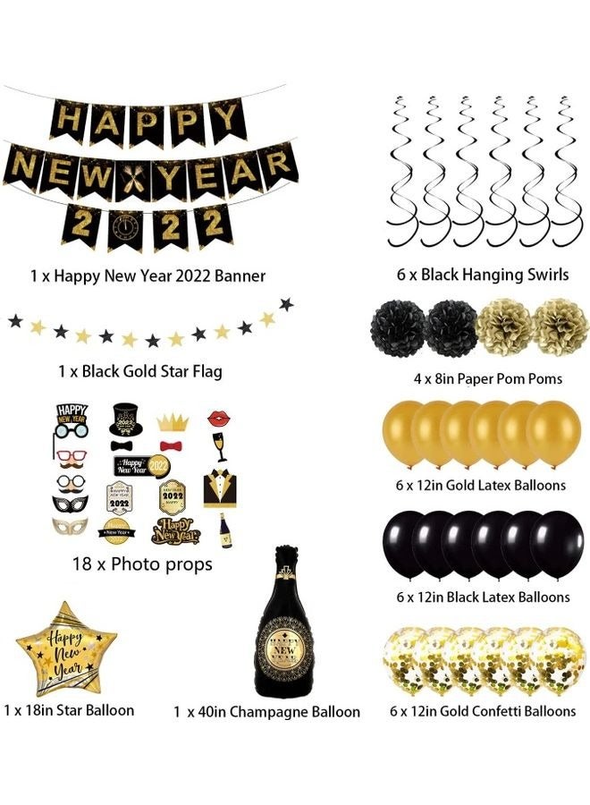 برين جيجلز قهقهات الدماغ لافتة Happy New Year، لوازم حفلات الصور مع بالونات Happy New Year باللون الأسود لتزيين الحفلات - Image 2