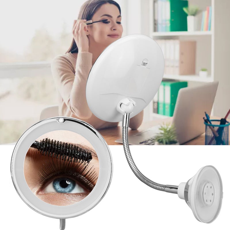 مرآة مكبرة بتكبير 10 أضعاف مع إضاءة LED ملئية و كأس شفط و عنق طائر قابل للتعديل للملابس المكياجية للمنزل والمكتب - Image 1