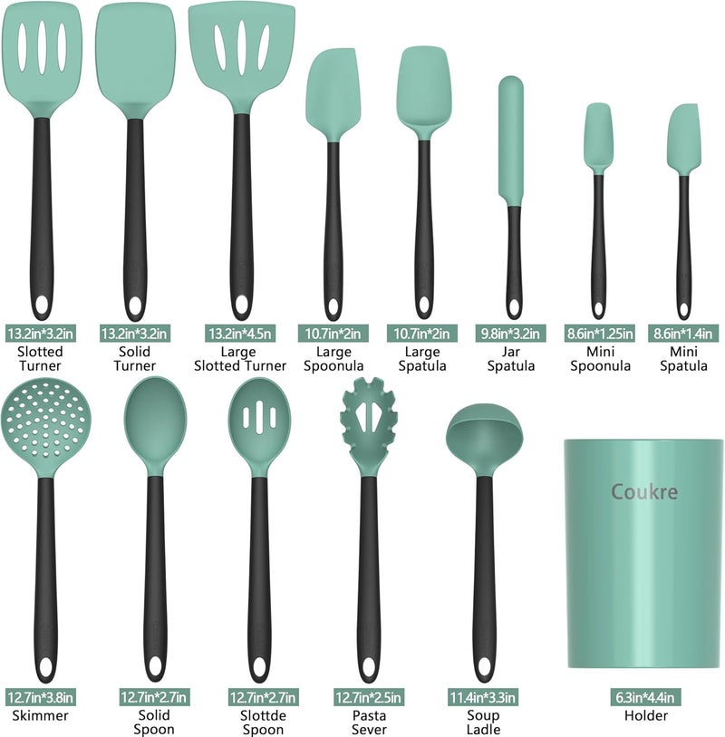 Coukre Silicone Kitchen Cooking Utensils Set with Holder – Heat-Resistant, Food-Grade Kitchen Tools, Spatula, Spoon & Gadgets for Non-Stick Pans, Dishwasher Safe (14, AquaGreen) - Image 2