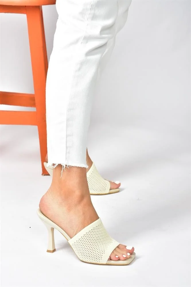 Fox Shoes Beige Knitwear Fabric Heeled Women's Slippers P590033357