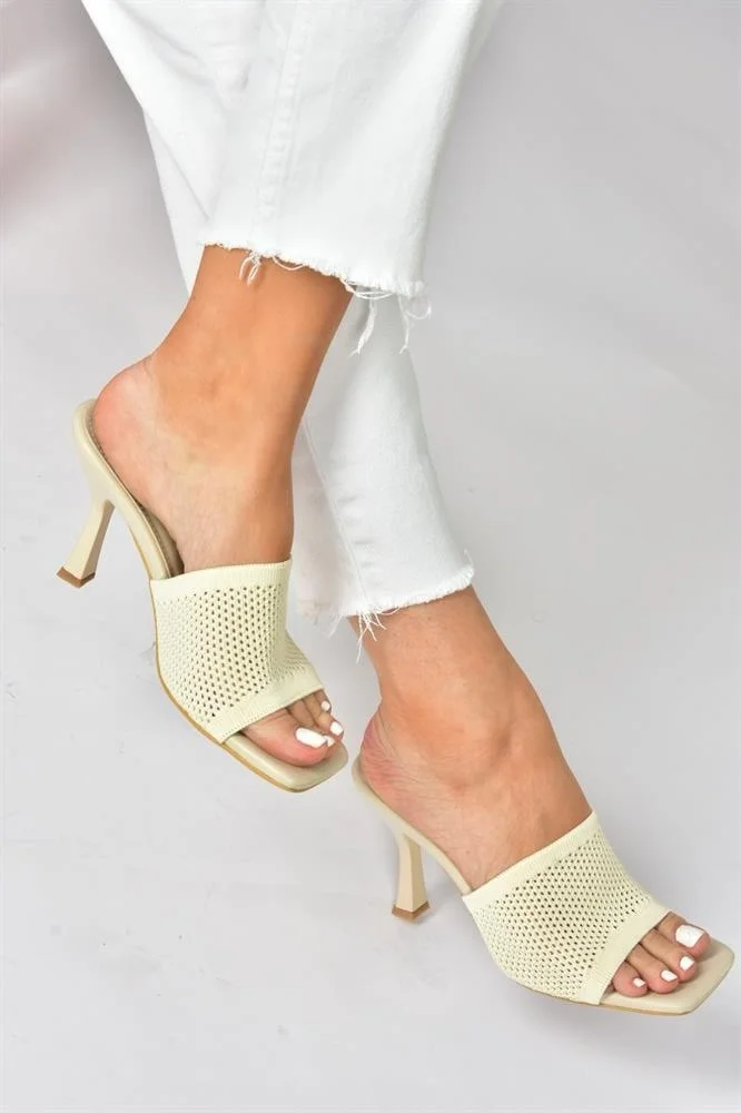 Fox Shoes Beige Knitwear Fabric Heeled Women's Slippers P590033357