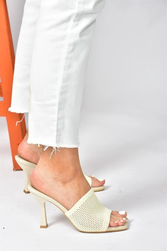 Fox Shoes Beige Knitwear Fabric Heeled Women's Slippers P590033357