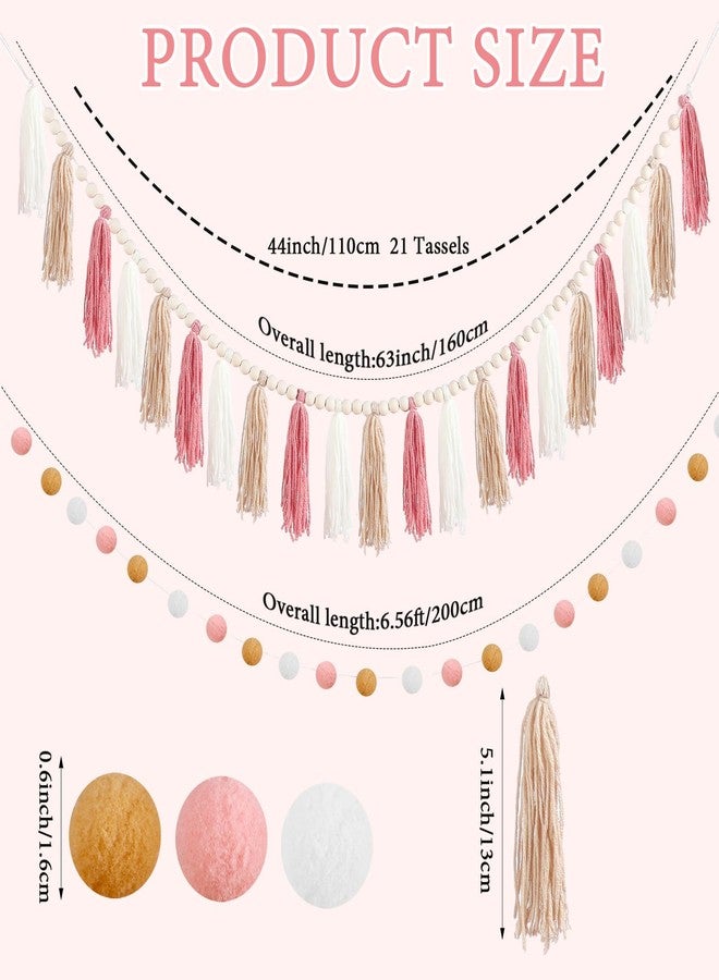 SmoothNovelty مجموعة زينة شراشيب بوهو من سموث نوفيلتي، قطعتان، تتضمن إكليل شراشيب بوهو واحد مع خرز خشبي وراية معلقة على الحائط بكرات بوم بوم ملونة، لتزيين غرف الأطفال والفصول الدراسية وحفلات استقبال المولود (لون وردي). - Image 2