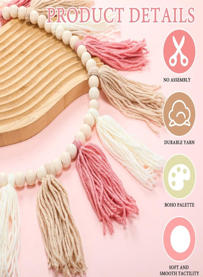 SmoothNovelty مجموعة زينة شراشيب بوهو من سموث نوفيلتي، قطعتان، تتضمن إكليل شراشيب بوهو واحد مع خرز خشبي وراية معلقة على الحائط بكرات بوم بوم ملونة، لتزيين غرف الأطفال والفصول الدراسية وحفلات استقبال المولود (لون وردي). - Image 3