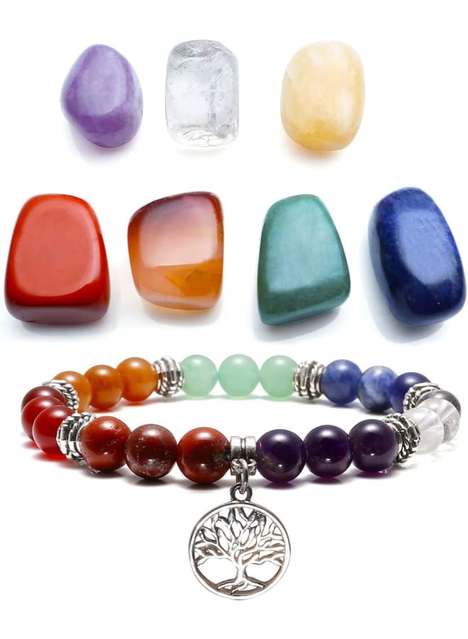 Top Plaza 7 Chakra Reiki Healing Crystals Yoga Balance Irregular Shape Polished Tumbled Palm Stones W/ 7 Chakra Healing Crystal Bracelet (Tree of Life)  - Image 1