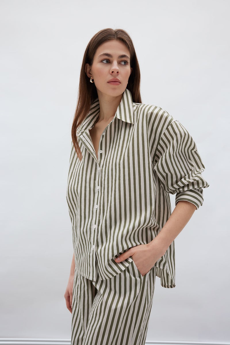 DeFacto Woman Loose Fit Shirt Collar Poplin Striped Long Sleeve Shirt - Image 1