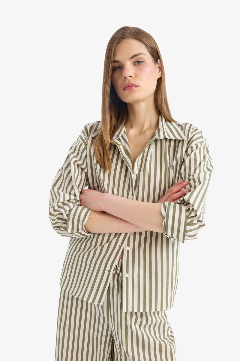 DeFacto Woman Loose Fit Shirt Collar Poplin Striped Long Sleeve Shirt - Image 3