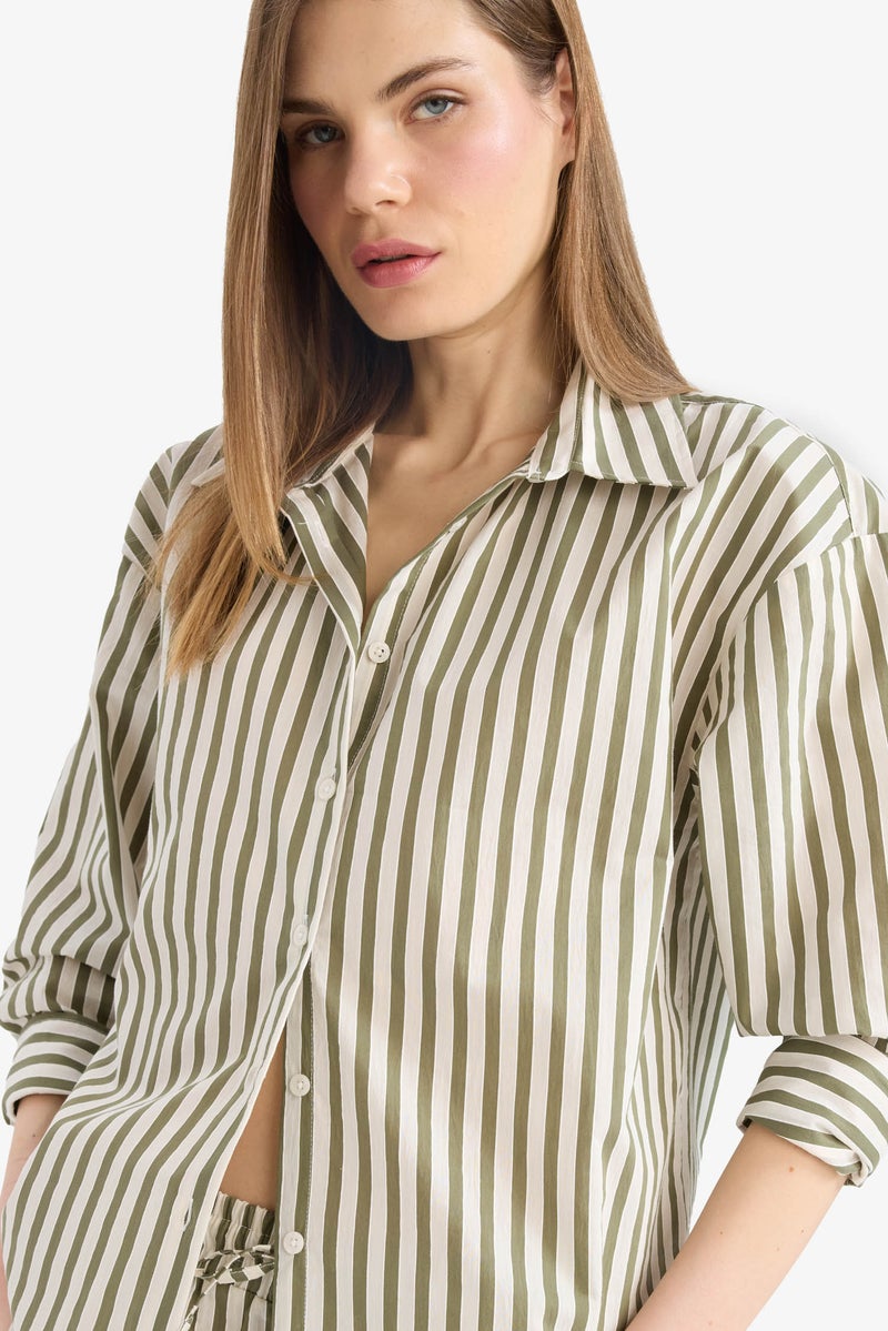 DeFacto Woman Loose Fit Shirt Collar Poplin Striped Long Sleeve Shirt - Image 4