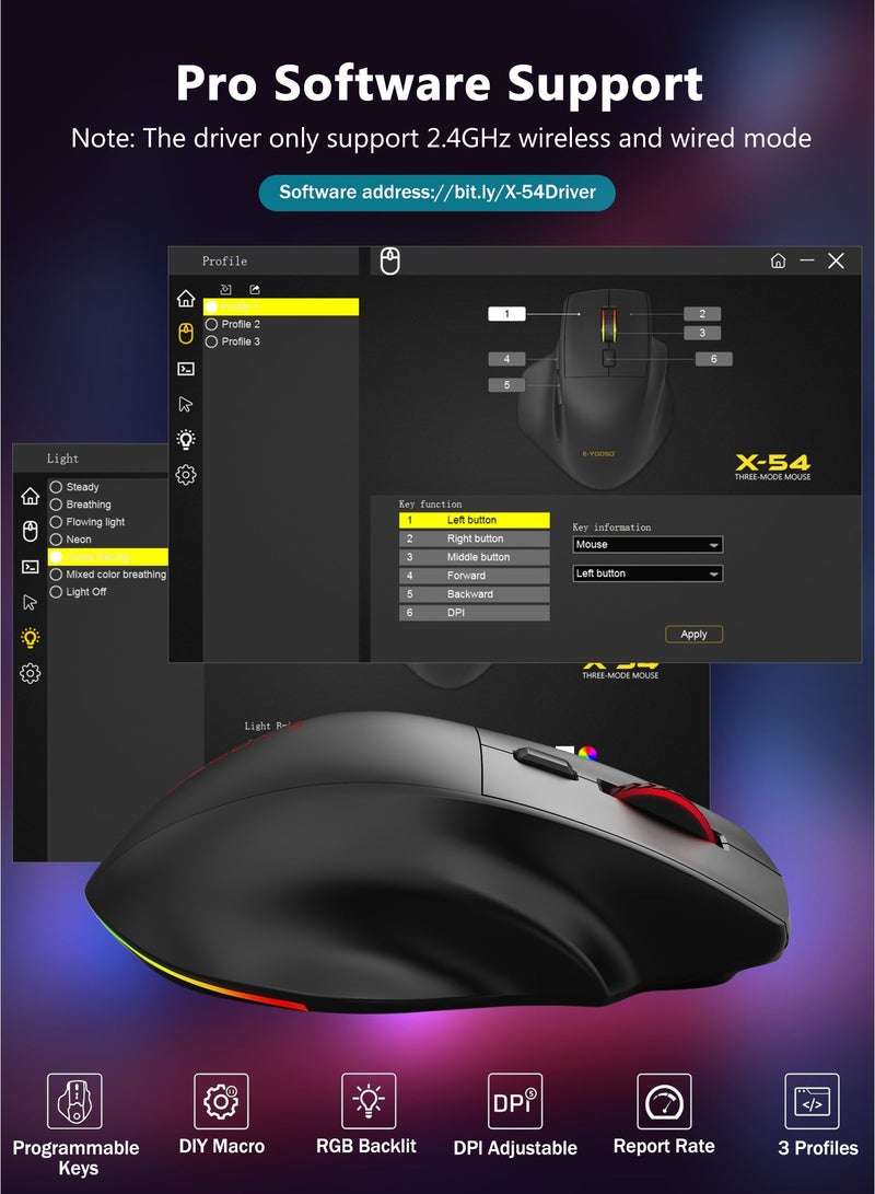 إي-يوسو ماوس ألعاب لاسلكي مريح للأيدي الكبيرة X-54 بدقة 12800 DPI مع إضاءة RGB قابلة لإعادة الشحن 2.4GHz بلوتوث سلكي مع أزرار ماكرو قابلة للبرمجة 6 أوضاع إضاءة 2 زر جانبي متوافق مع اللابتوب الكمبيوتر الشخصي للاستخدام اليومي والألعاب - Image 5