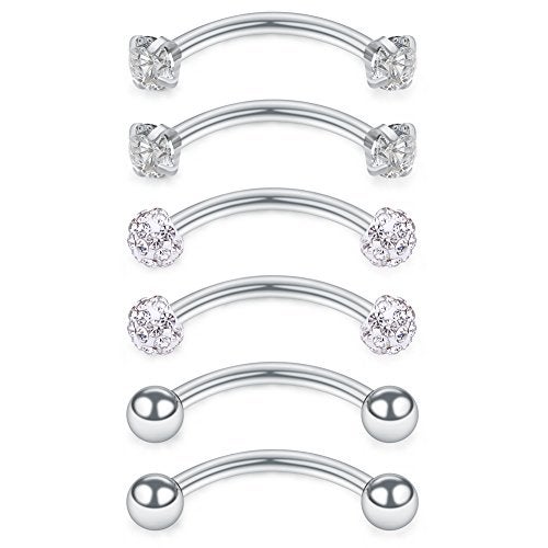 SCERRING 6PCS 16 Gauge 10mm Stainless Steel 3mm CZ Gems Shiny-Ball Curved Barbell Curved Barbell Eyebrow Cartilage Tragus Belly Lip Ring Studs - Silver - Image 1