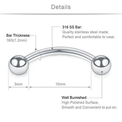 SCERRING 6PCS 16 Gauge 10mm Stainless Steel 3mm CZ Gems Shiny-Ball Curved Barbell Curved Barbell Eyebrow Cartilage Tragus Belly Lip Ring Studs - Silver - Image 2