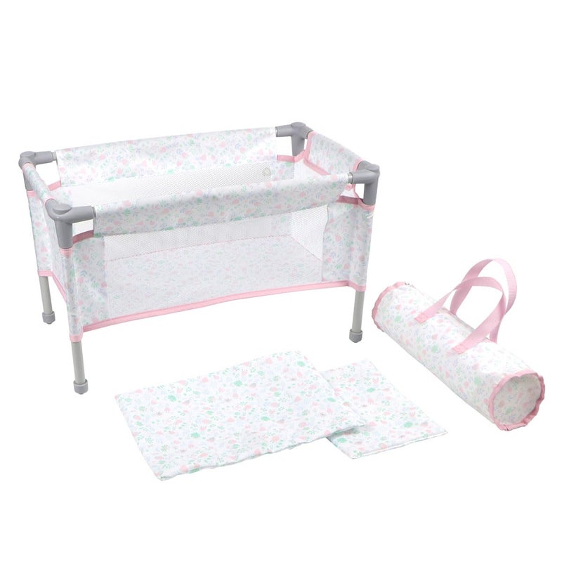 JC Toys Berenguer Boutique Travel Folding Crib Playpen with Accessories Pink Floral Collection for Dolls up to 18 Ages 3 - Image 3