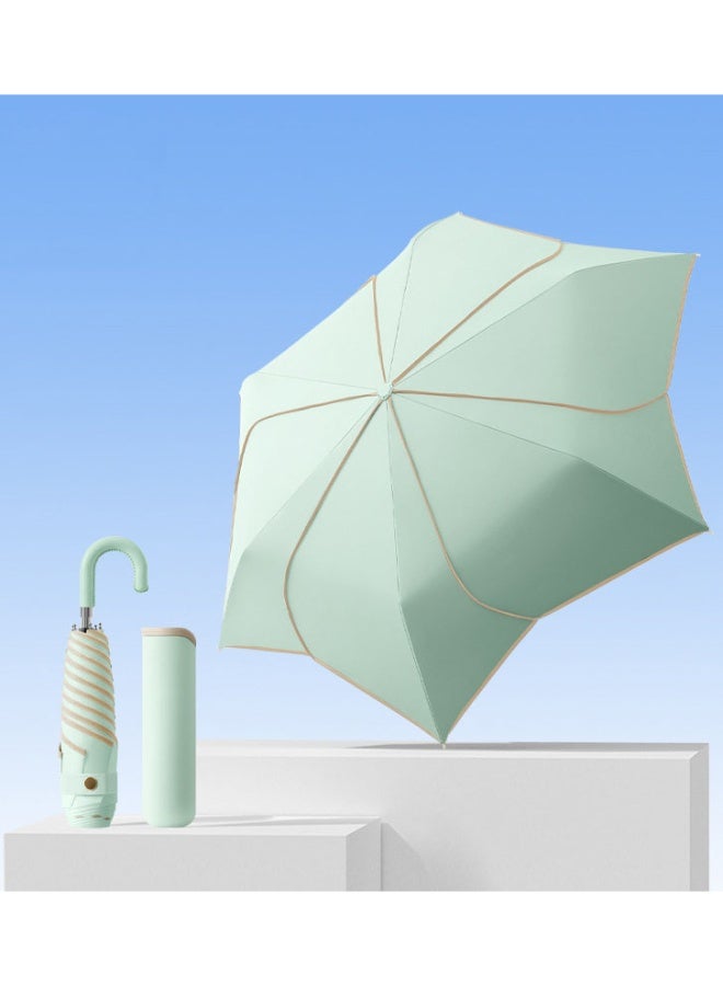 Petal Shape Folding Compact Travel Umbrella With PU Leather-Wrapped Hook-Shape Handle/6 Ribs/Portable Parasol/Lightweight/UV Protection/UPF 50+/Rain Sun/Teflon Coating/Women Kids