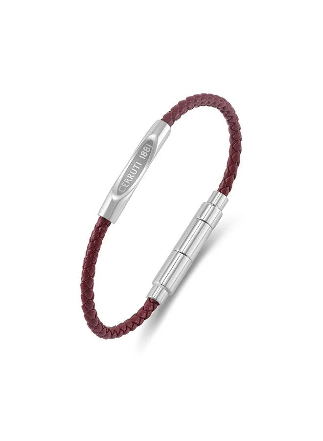 CERRUTI 1881 Matteo Silver Plated Stainless Steel Burgundy Braided Leather Bracelet for Men 180mm