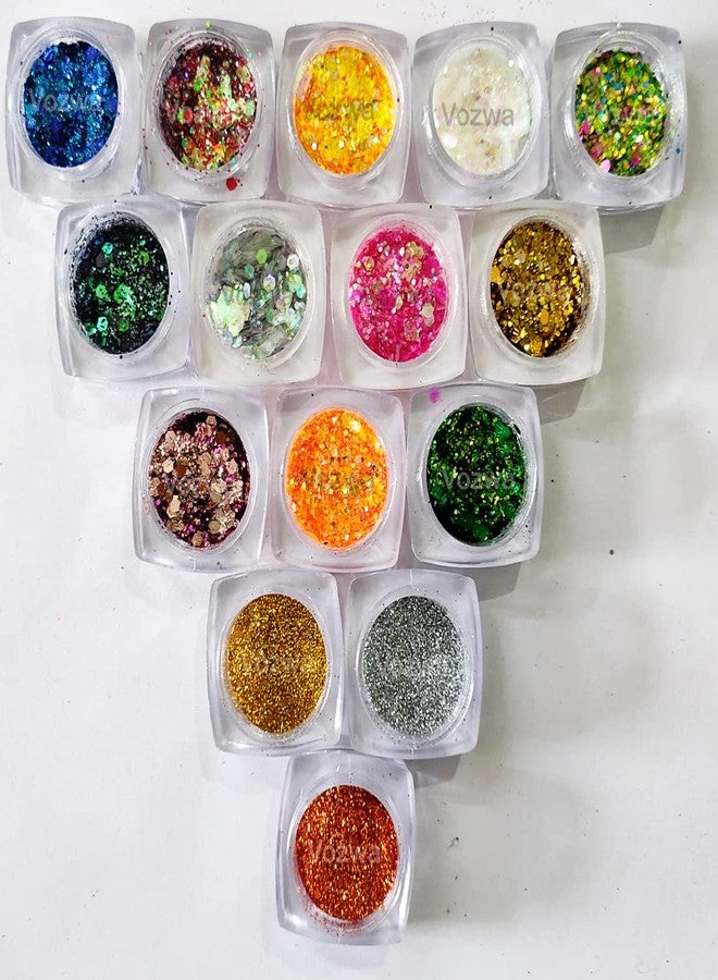 Vozwa 12 Pcs Eyeshadow Gradient Chunky Glitter + 3 Pcs Fine Glitter (Golden + Silver + Orange) - Image 2