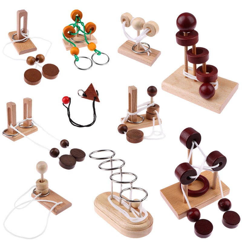 Oppaxf 10 PCS Wooden Rope Puzzle Set Brain Teasers Puzzles Mind Toys for Adults Boys Girls Wooden Threading Rope Loop Toy Mind Toys Educational Toys for Family Game Educational Challenge Party Favor - Image 3