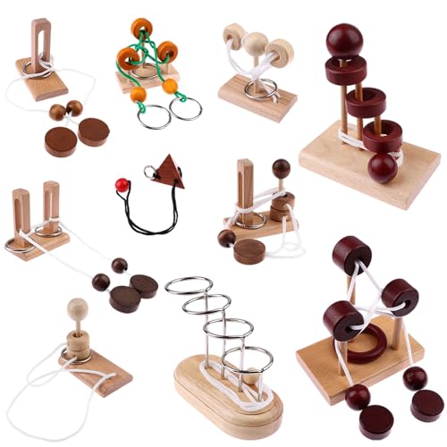 Oppaxf 10 PCS Wooden Rope Puzzle Set Brain Teasers Puzzles Mind Toys for Adults Boys Girls Wooden Threading Rope Loop Toy Mind Toys Educational Toys for Family Game Educational Challenge Party Favor - Image 1