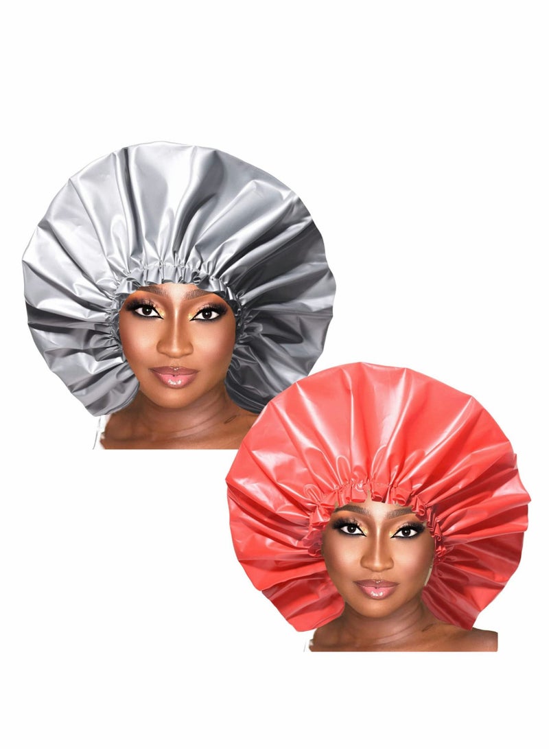 Y&D Shower Cap, 4 Packs Jumbo Caps for Women Reusable Waterproof with Adjustable Elastic Band, Long Thick Hair Bath - Image 2