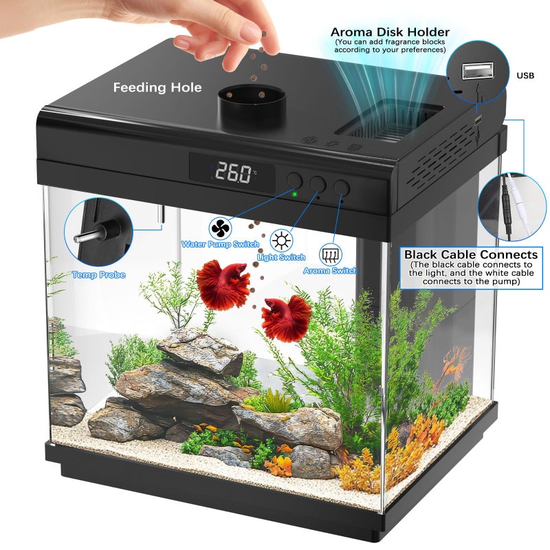 AQQA 3.7 Gallon Aquarium Starter Kit Small Glass Fish Tank with Filter and Light (10 Colors Adjustable) Desktop Self-Cleaning Betta Fish Tank Kit Office & Home Decor Idea (Black) - Image 4