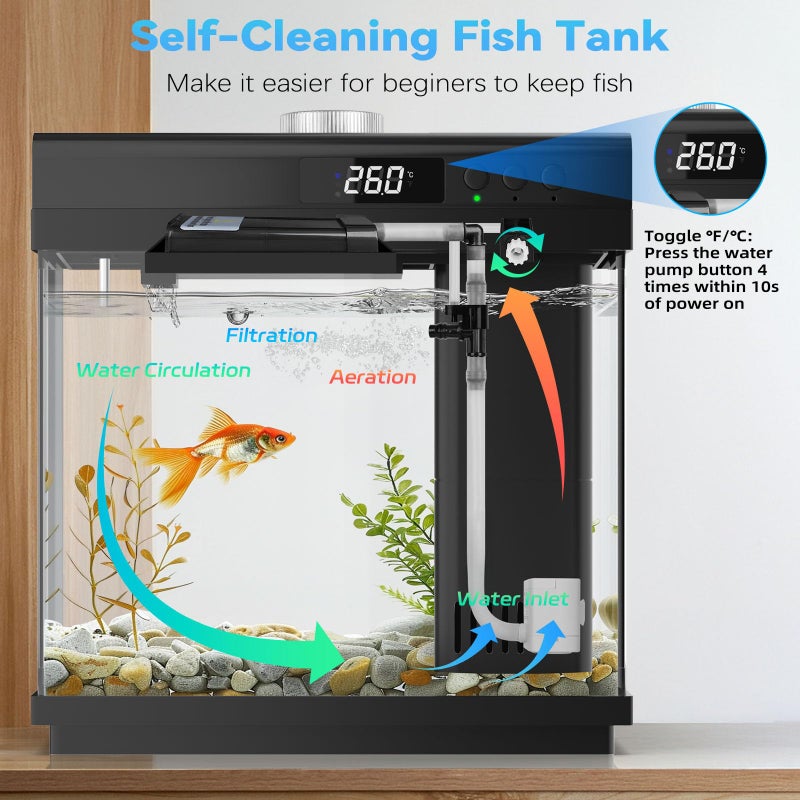 AQQA 3.7 Gallon Aquarium Starter Kit Small Glass Fish Tank with Filter and Light (10 Colors Adjustable) Desktop Self-Cleaning Betta Fish Tank Kit Office & Home Decor Idea (Black) - Image 2