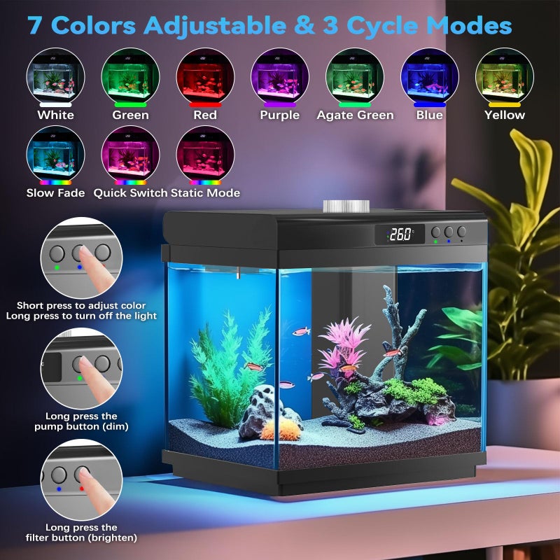 AQQA 3.7 Gallon Aquarium Starter Kit Small Glass Fish Tank with Filter and Light (10 Colors Adjustable) Desktop Self-Cleaning Betta Fish Tank Kit Office & Home Decor Idea (Black) - Image 3