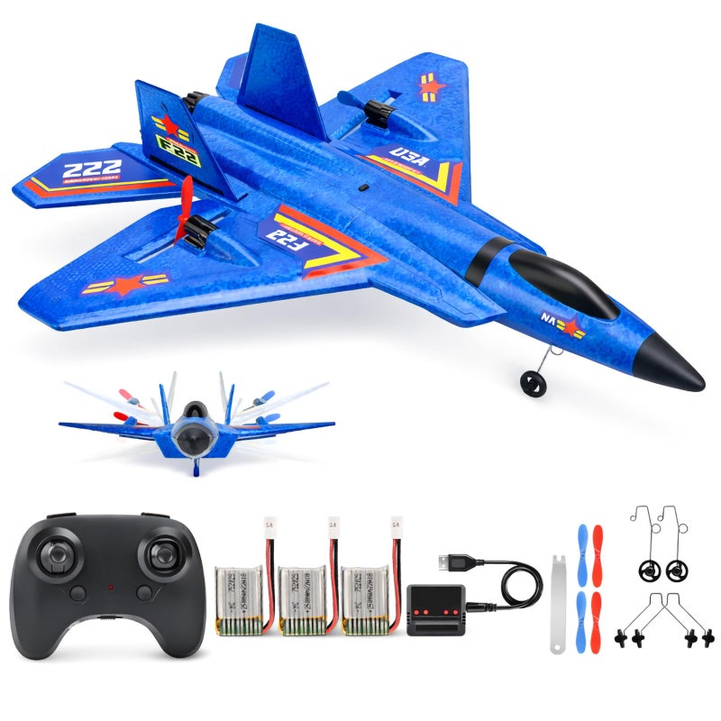 ANTSIR Remote Control Plane F22 Raptor 24GHz Durable Foam Rc Airplane with Smart GyroLED Lights3 Rechargeable Batteries RC Jet Glider Toy Gift for Kids Boys Girls 816 Year Old Blue - Image 2