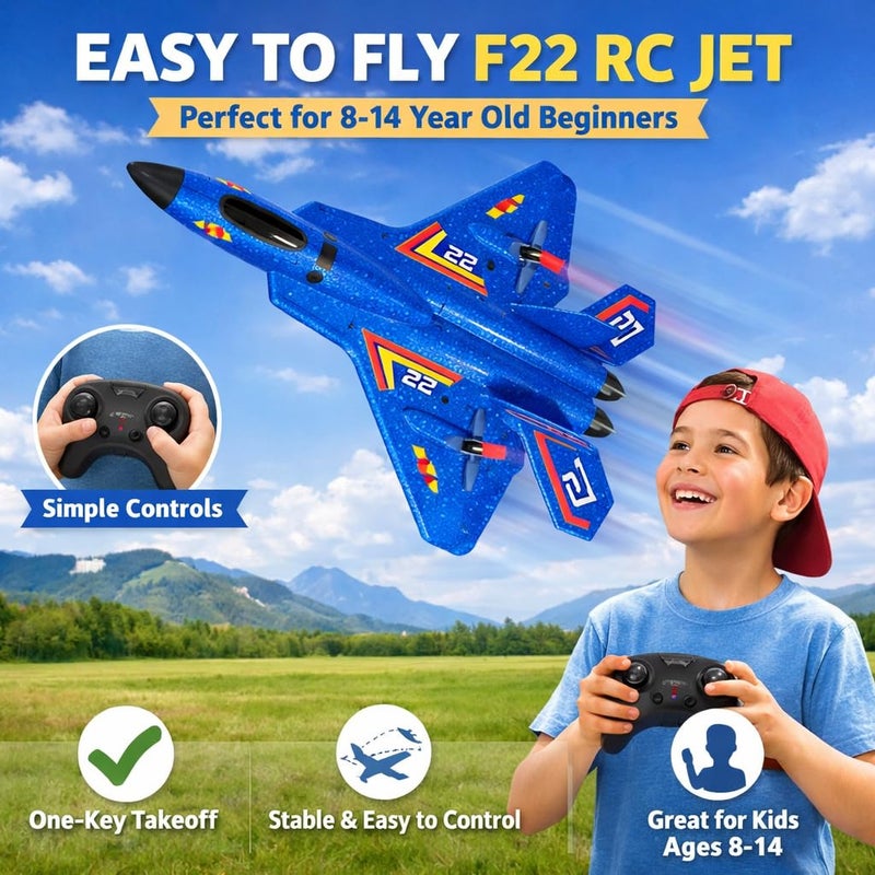 ANTSIR Remote Control Plane F22 Raptor 24GHz Durable Foam Rc Airplane with Smart GyroLED Lights3 Rechargeable Batteries RC Jet Glider Toy Gift for Kids Boys Girls 816 Year Old Blue - Image 3