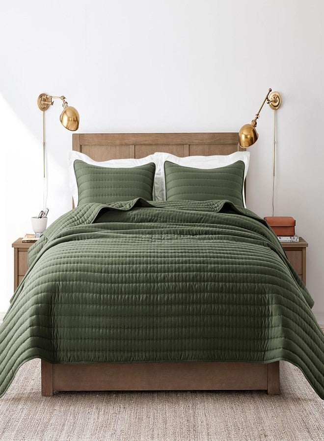 ROARINGWILD Olive Green King Size Quilt Set, Striped Pick Stitch Lightweight Bedspread, Soft Channel Farmhouse Rustic Coverlet, Spring Summer Thin Comforter, Country Bedding, 104x90 inches - Image 2