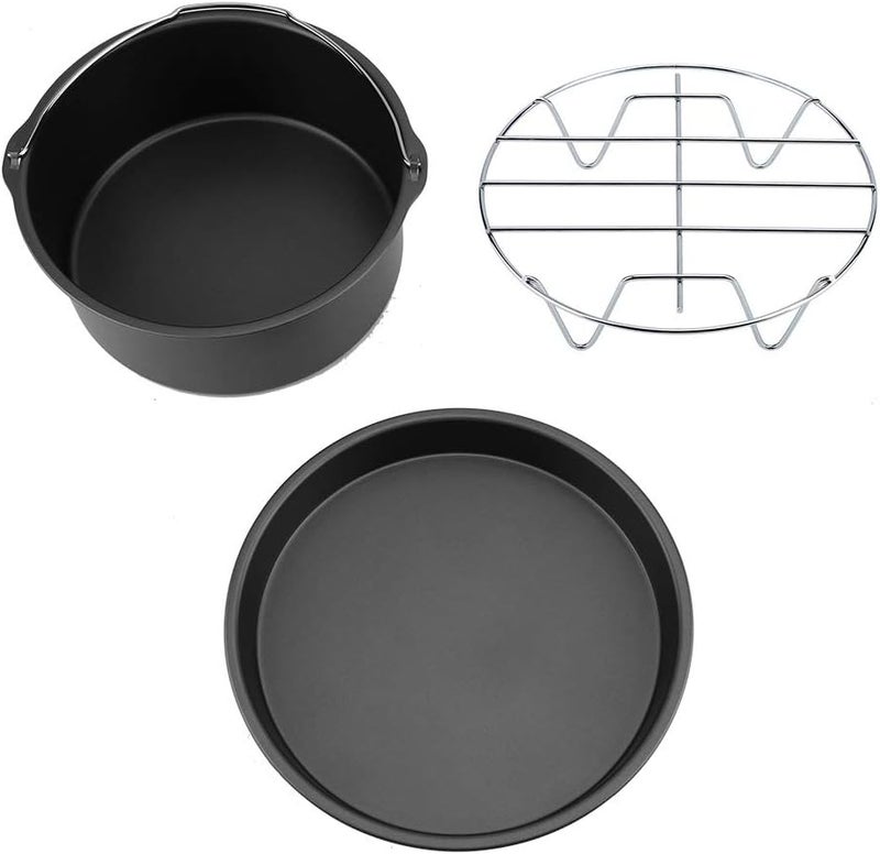 klarako 8inch 3 in 1 Multifunctional Air Fryer Accessories Set of 3, Bread Shelf Cake Barrel Pizza Pan[Black],Air Fryer - Image 1