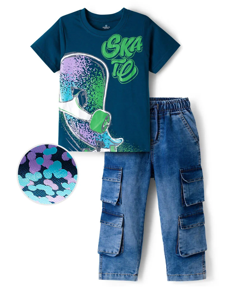 Ollington St. Ollington St. Cotton Half Sleeve Skate Printed T-Shirt & Stretchable Denim Pant - Blue