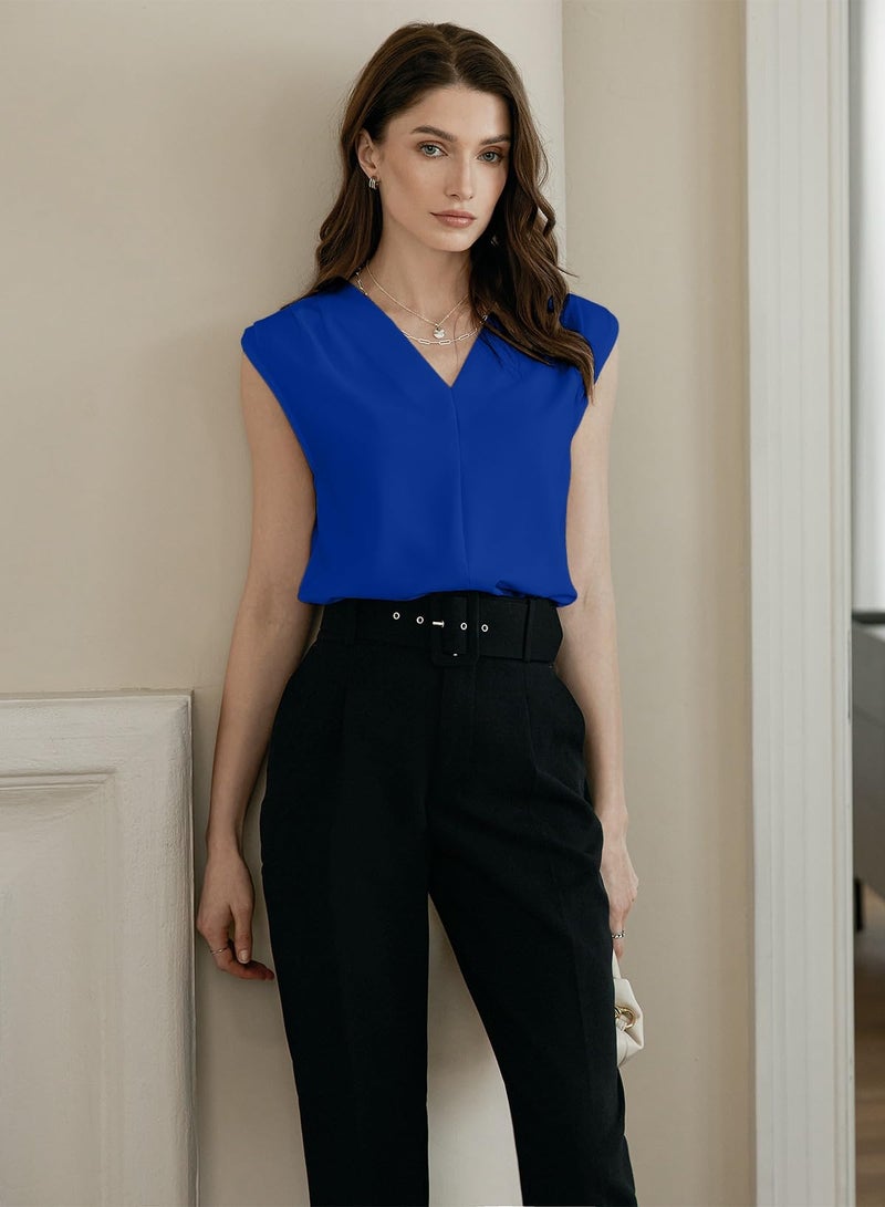 EVALESS Business Casual Outfits for Women Summer Pleated V Neck Sleeveless Blouses Dressy Work Tops Trendy Blue M - Image 2