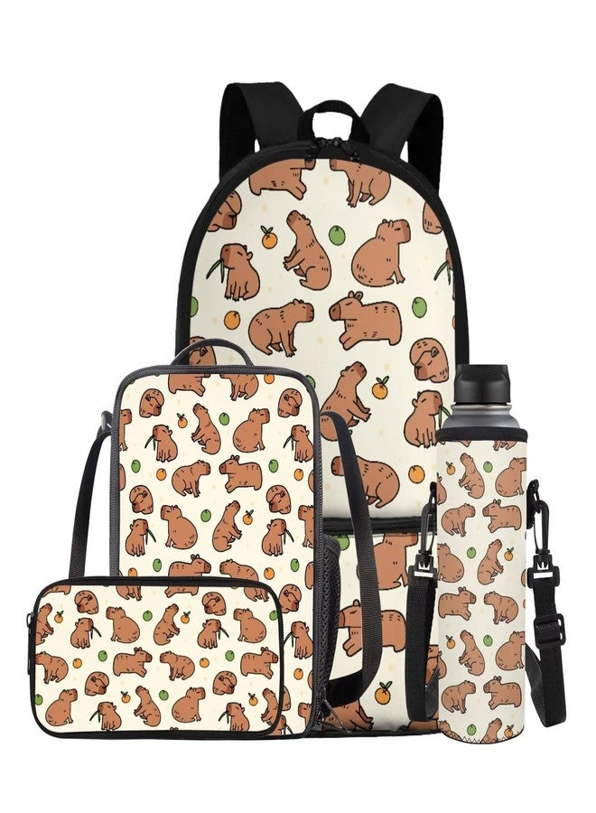 Gomyblomy Backpack for School Girls Bookbag with Lunch Box 4-In-1 Set Kawaii Kids School Bag for Elementary Kindergarten, Cute Capybaras, Modern - Image 1