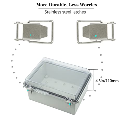 Zulkit Junction Box ABS Plastic Dustproof Waterproof IP67 Electrical Boxes Hinged Shell Outdoor Universal Project Enclosure Grey Clear Cover, Stainless Steel Buckles 8.7 x 6.7 x 4.3 Inch - Image 2