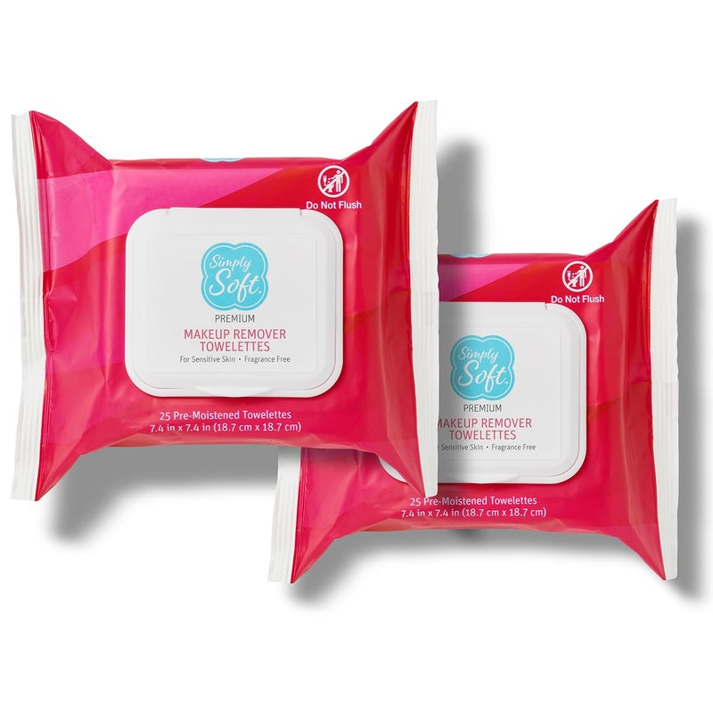 Simply Soft Premium Makeup Remover Towelettes 50 ct (2 - 25 Count Flip-top Packs), Fragrance-Free Makeup Wipes for Sensitive Skin, Hypoallergenic, pH Balanced Eye & Face Wipes - Image 1