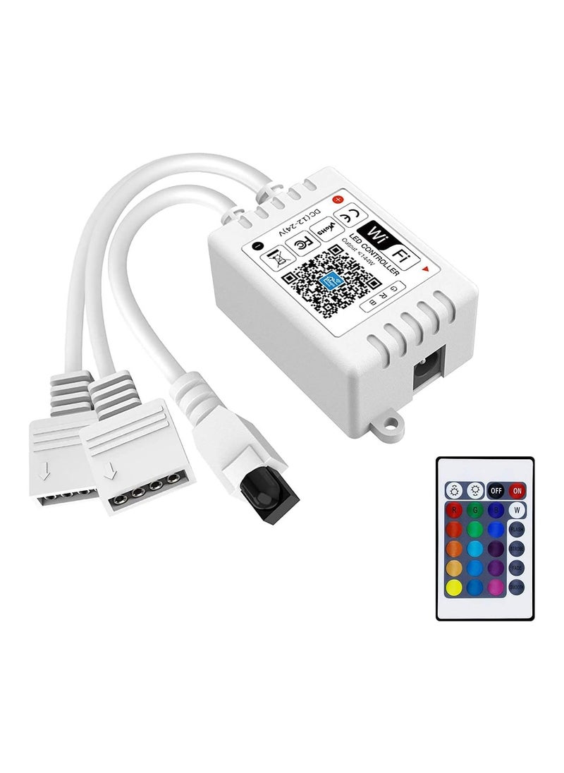 Smart RGB WiFi LED Controller, 4-Pin Output, Compatible with Alexa/Google Home Assistant/IFTTT Android/iOS for SMD 3535 5050 2835 Color Changing LED Strip Lights, 24 Key Remote Control (2-Port)