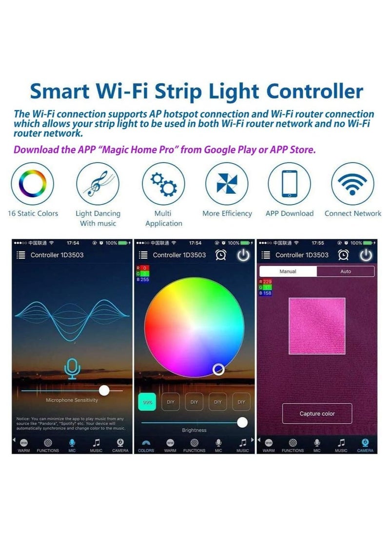 Smart RGB WiFi LED Controller, 4-Pin Output, Compatible with Alexa/Google Home Assistant/IFTTT Android/iOS for SMD 3535 5050 2835 Color Changing LED Strip Lights, 24 Key Remote Control (2-Port)