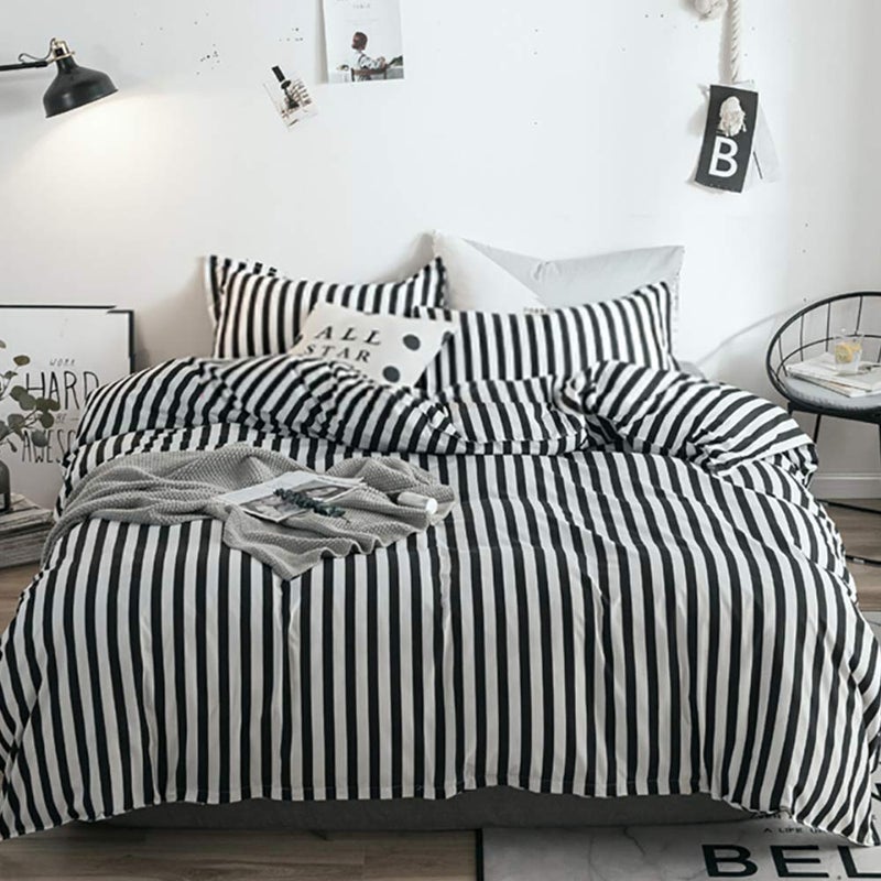 karever White and Black Stripes Comforter Set Cal King Women Bedding Set Soft Durable White Striated Bedding Set Black Stripes Cal King Quilts Hotel Quality Comforter Girls White Black Stripes Bed Set - Image 1